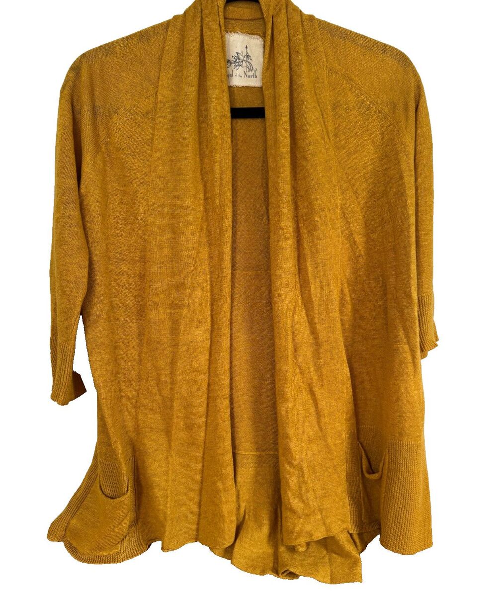 Anthropologie Mustard Linen XS Cardigan, Ruffle Back Boho Fall Sweater